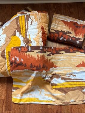 Vintage Bibb Mountain Landscape Bedding Set Twin Quilt Sheet Pillowcase Cabin